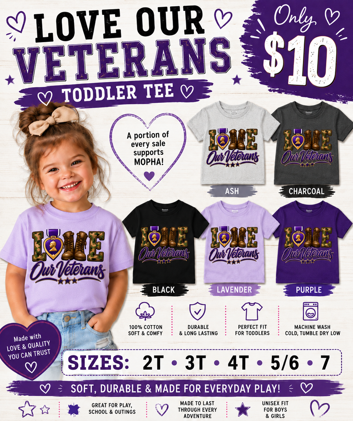💜 Love Our Veterans Toddler T-Shirt | Rabbit Skins RS3301 | MOPHA Fundraiser