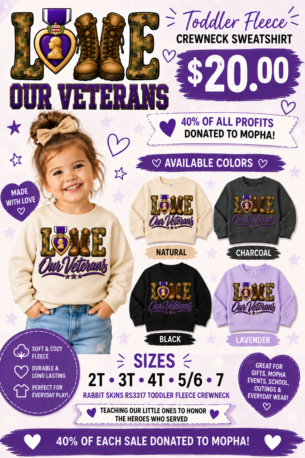💜 Love Our Veterans Toddler Crewneck | MOPHA Fundraiser | Rabbit Skins RS3317
