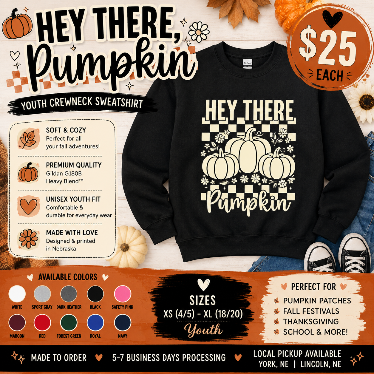 Hey There Pumpkin Youth Sweatshirt | Cute Fall Kids Crewneck | Gildan G180B Heavy Blend | Toddler & Youth Autumn Sweatshirt