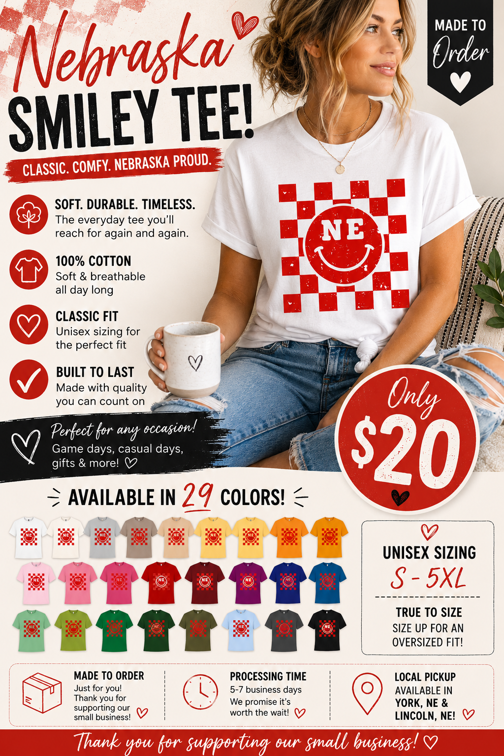 Nebraska Smiley Checkered Graphic Tee, Distressed NE Unisex Shirt