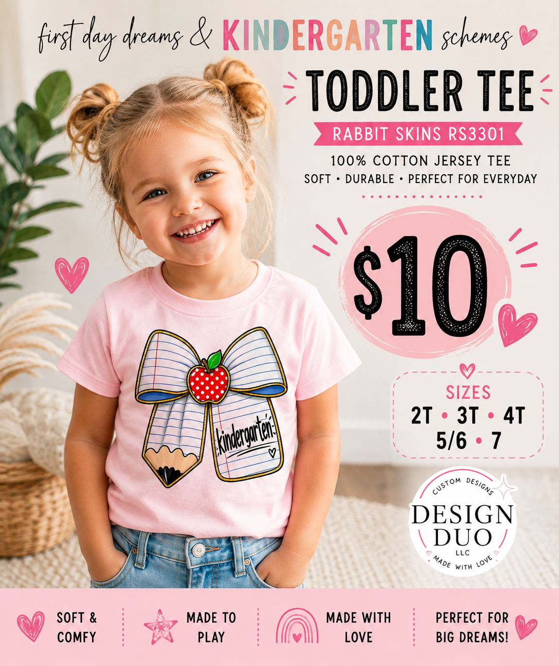 Toddler Kindergarten Bow Shirt | First Day of School Toddler Tee | Back to School Outfit | Cute Apple Bow Shirt | Rabbit Skins Tee