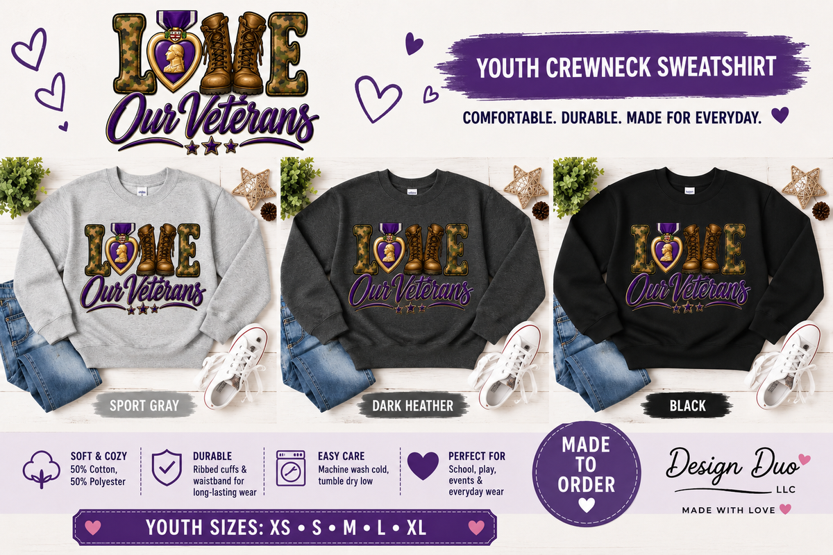 💜 Love Our Veterans Youth Crewneck Sweatshirt | Gildan G180B | MOPHA Fundraiser