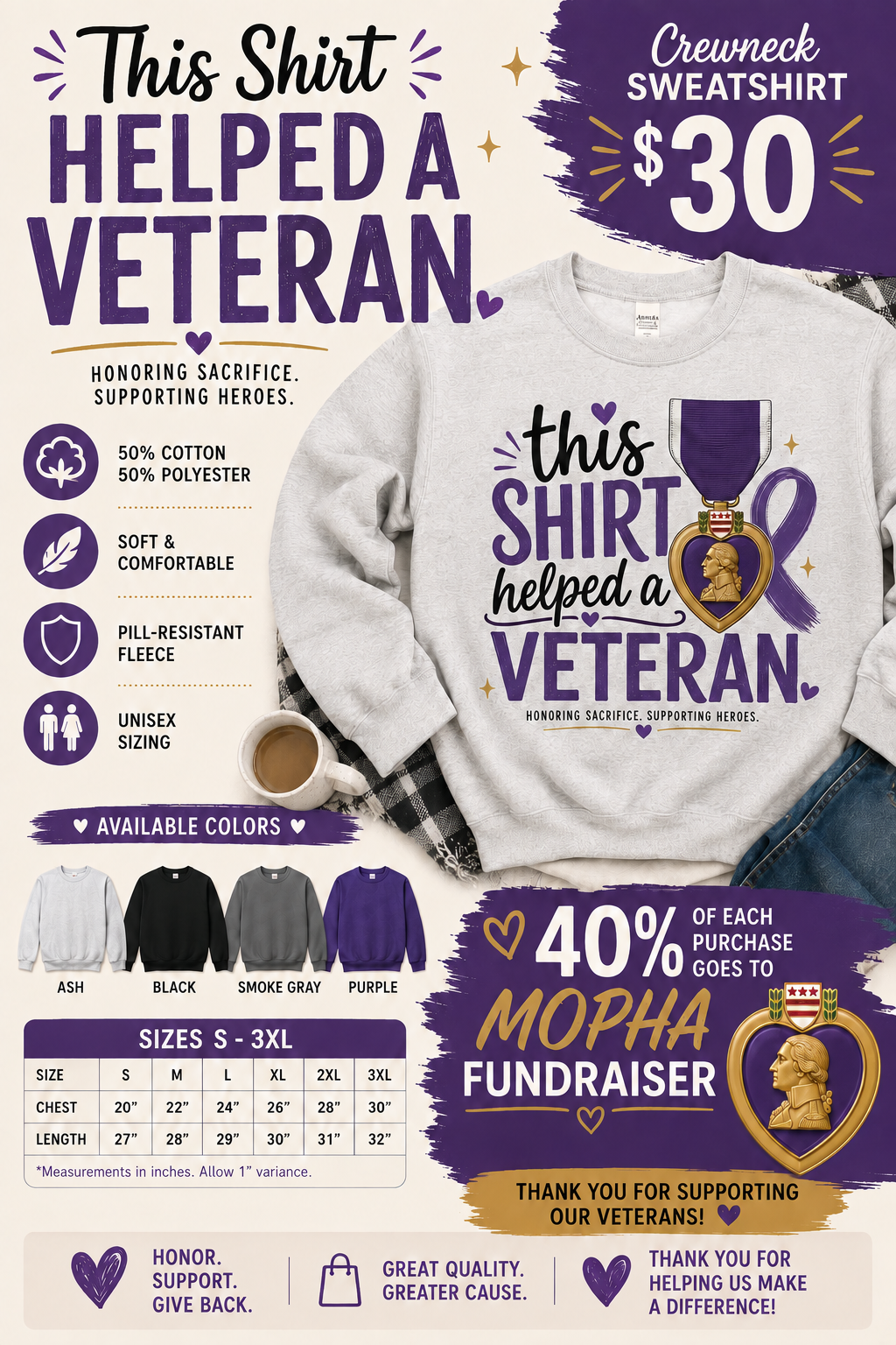 Adult Unisex Crewneck - This Shirt Helped a Veteran | MOPHA Fundraiser | Veteran Support Sweatshirt | Hanes P1607 Unisex Crewneck
