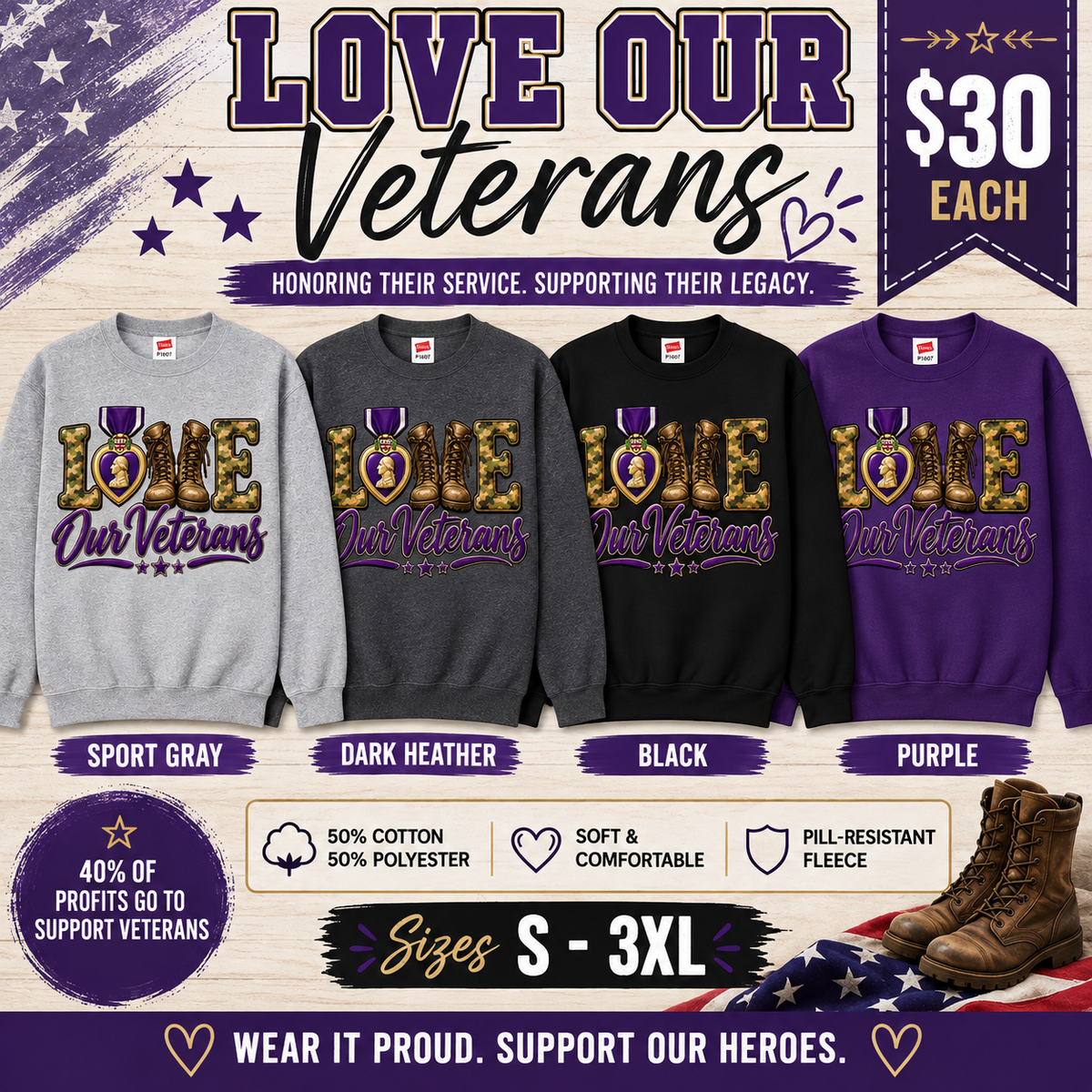 💜 Love Our Veterans Crewneck Sweatshirt | Veteran Support Shirt | MOPHA Fundraiser
