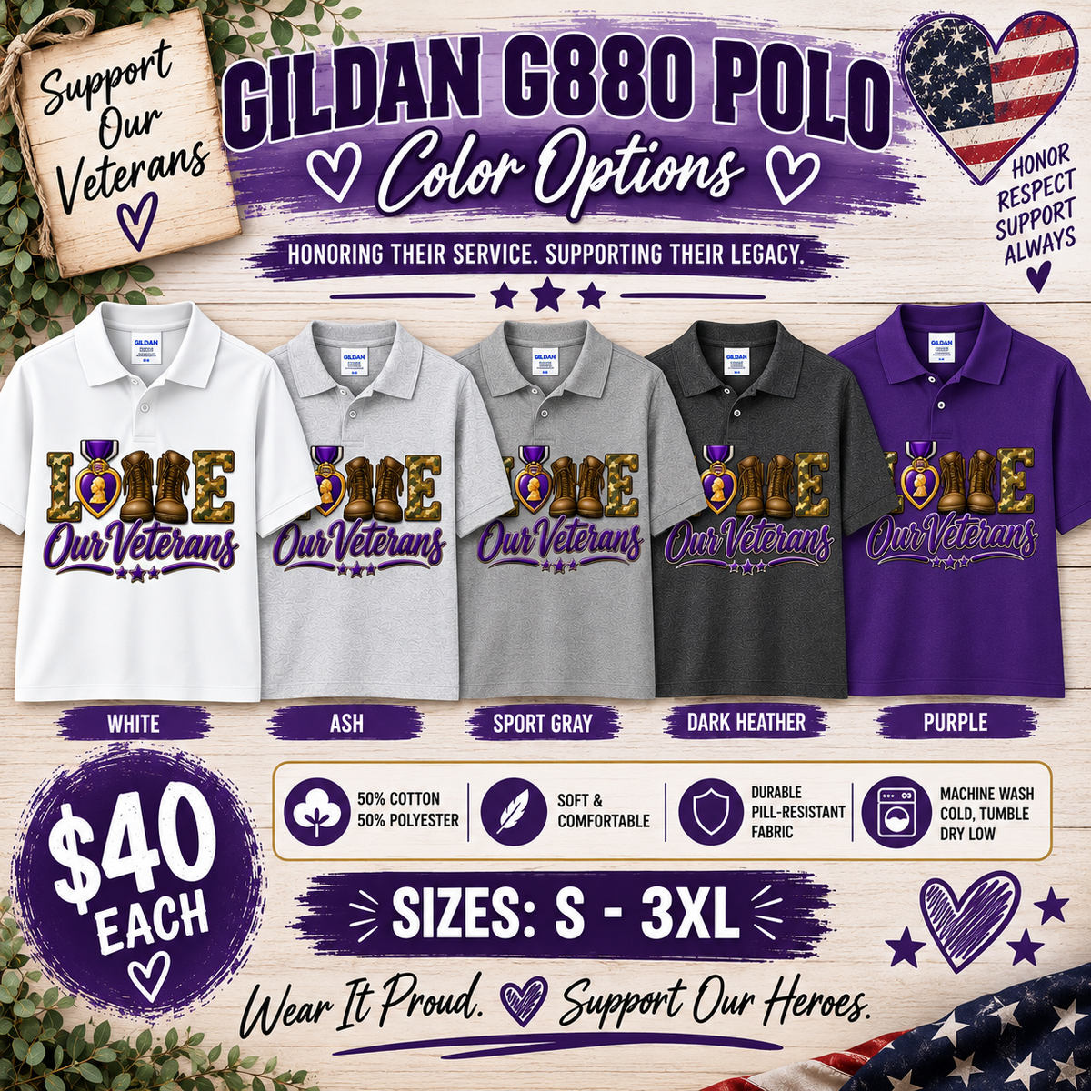💜 Love Our Veterans Polo | Unisex Polo | MOPHA Fundraiser