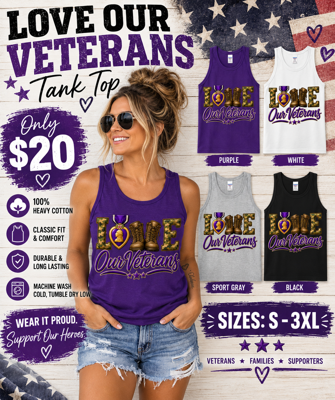 💜 LOVE OUR VETERANS Tank Top | Gildan G520 | MOPHA Fundraiser