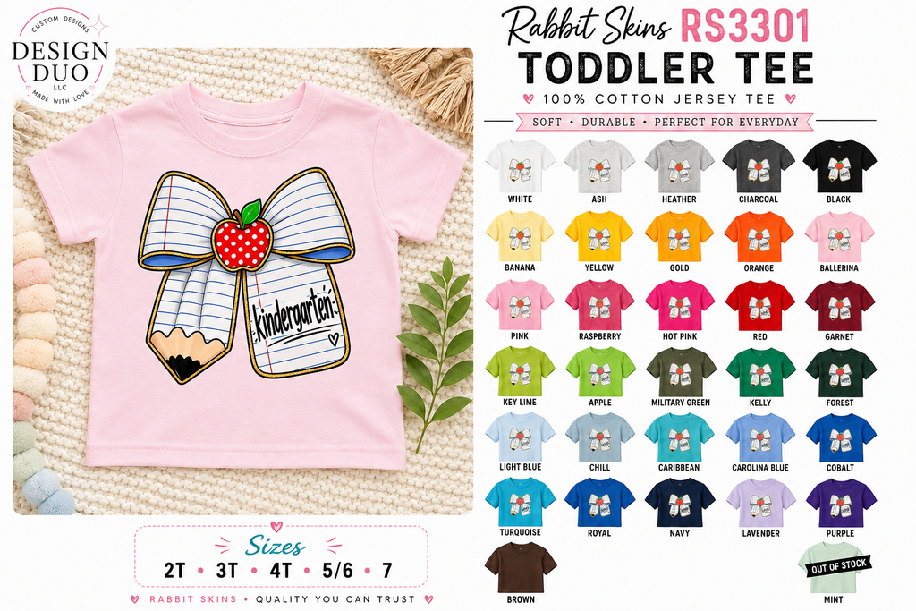Toddler Kindergarten Bow Shirt | First Day of School Toddler Tee | Back to School Outfit | Cute Apple Bow Shirt | Rabbit Skins Tee