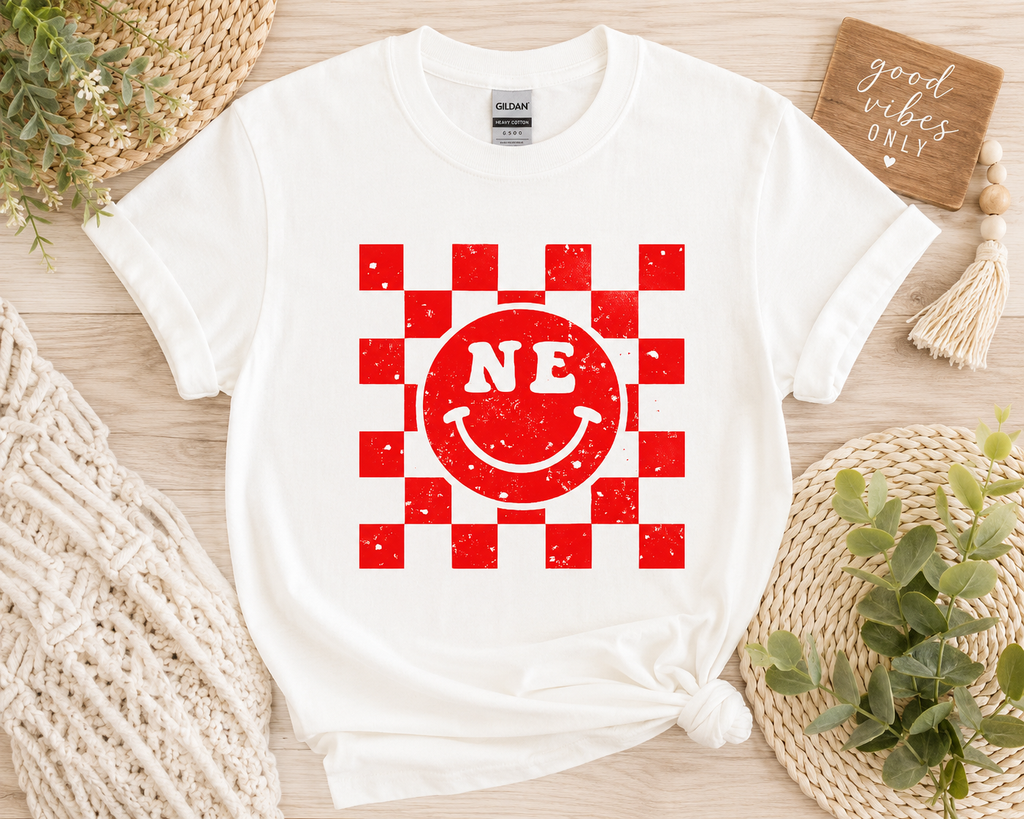 Nebraska Smiley Checkered Graphic Tee, Distressed NE Unisex Shirt
