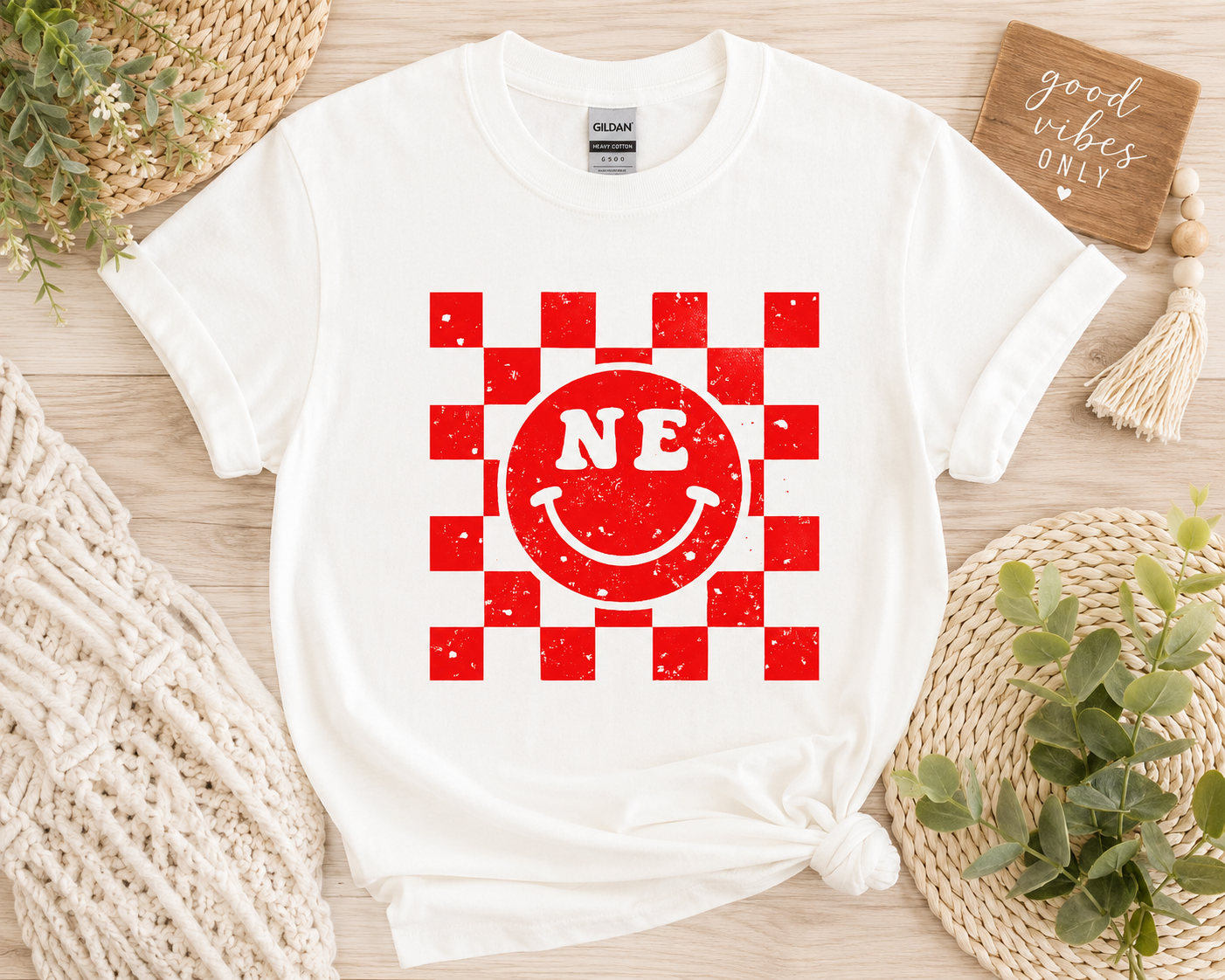 Nebraska Smiley Checkered Graphic Tee, Distressed NE Unisex Shirt