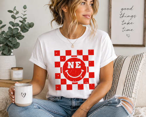 Nebraska Smiley Checkered Graphic Tee, Distressed NE Unisex Shirt