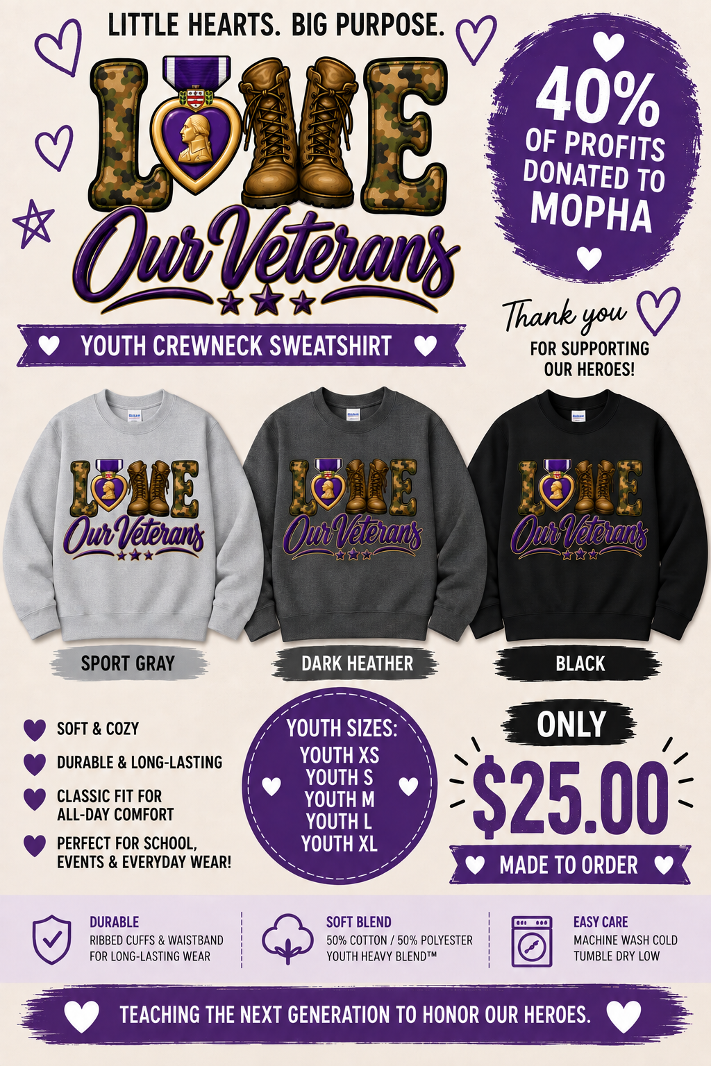 💜 Love Our Veterans Youth Crewneck Sweatshirt | Gildan G180B | MOPHA Fundraiser