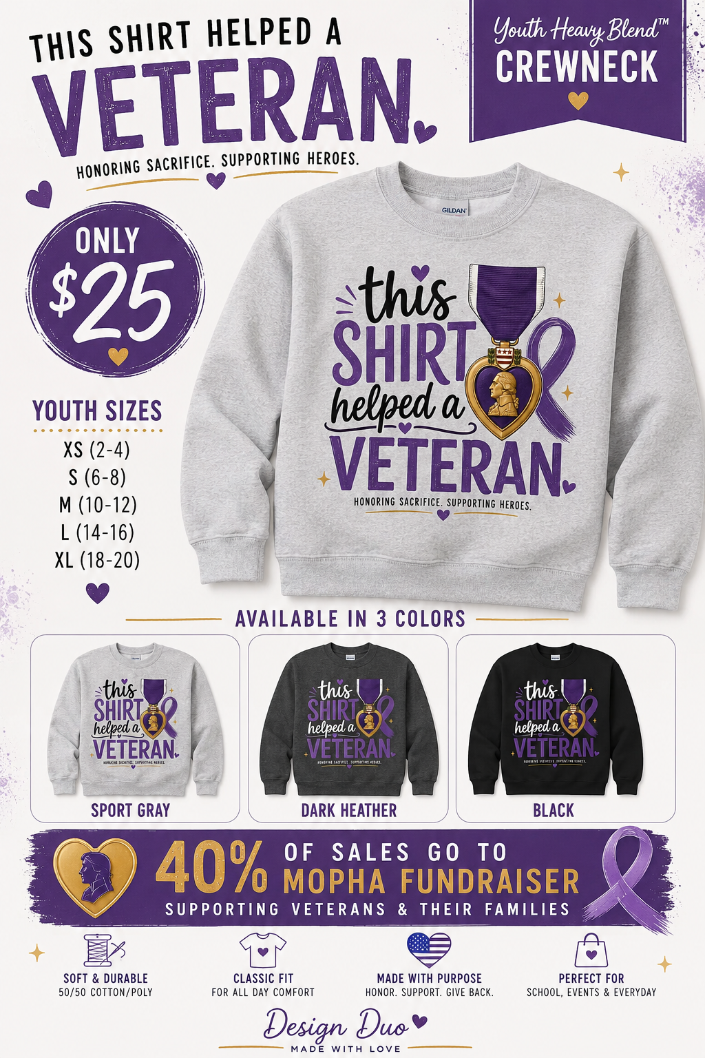 Youth Crewneck - “This Shirt Helped a Veteran” | MOPHA Fundraiser | Gildan G180B