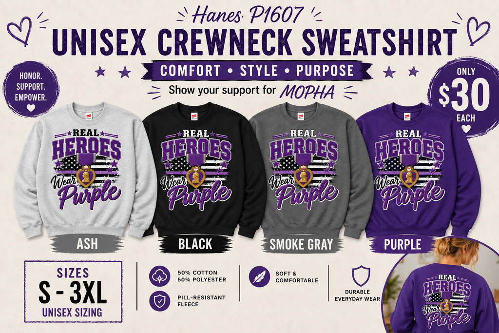 Real Heroes Wear Purple Sweatshirt | Veteran Support Crewneck | MOPHA Shirt | Military Veteran Gift
