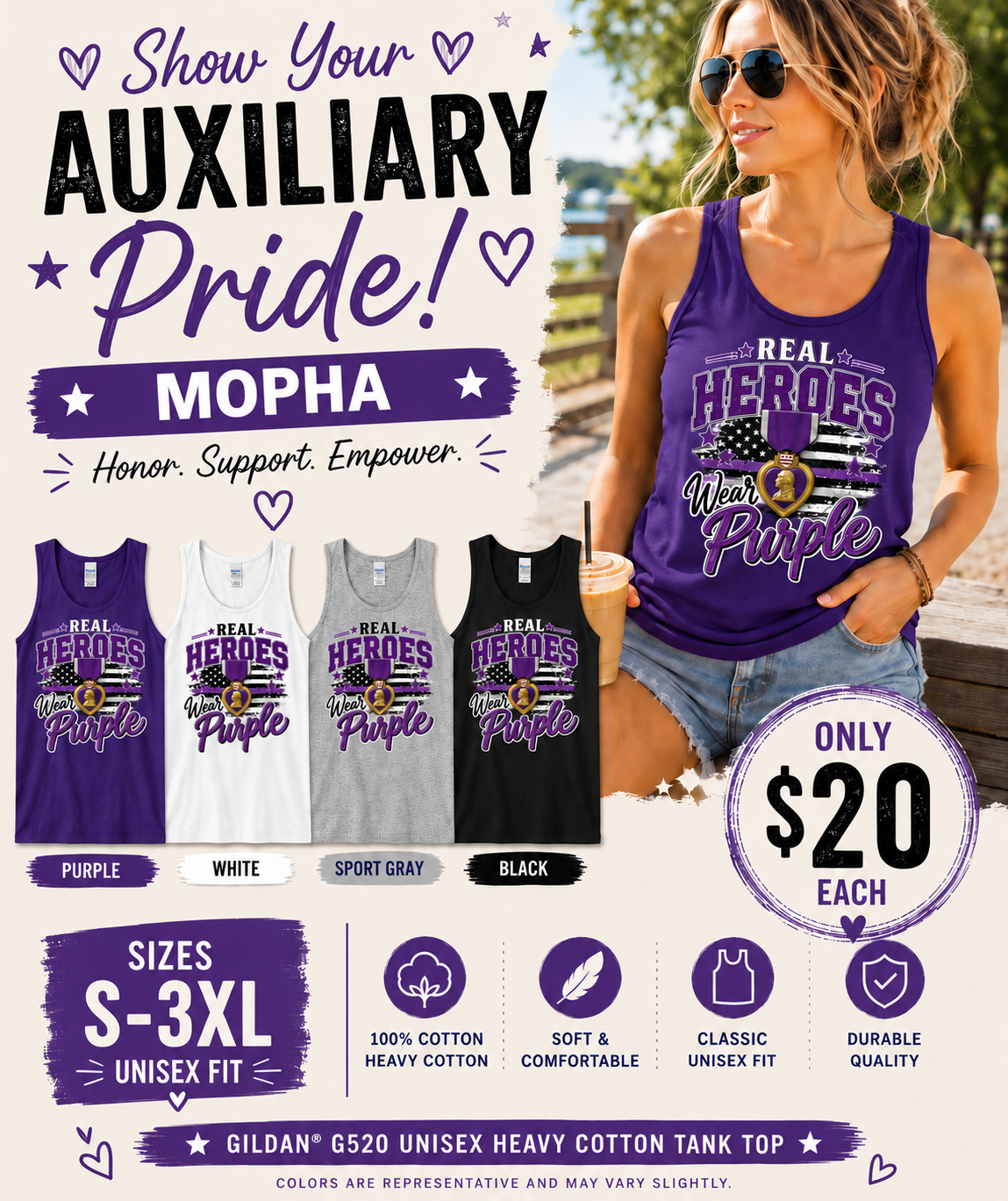 Real Heroes Wear Purple Tank Top | Veteran Support Shirt | MOPHA Tank | Veteran Support Shirt | Patriotic Tank Top