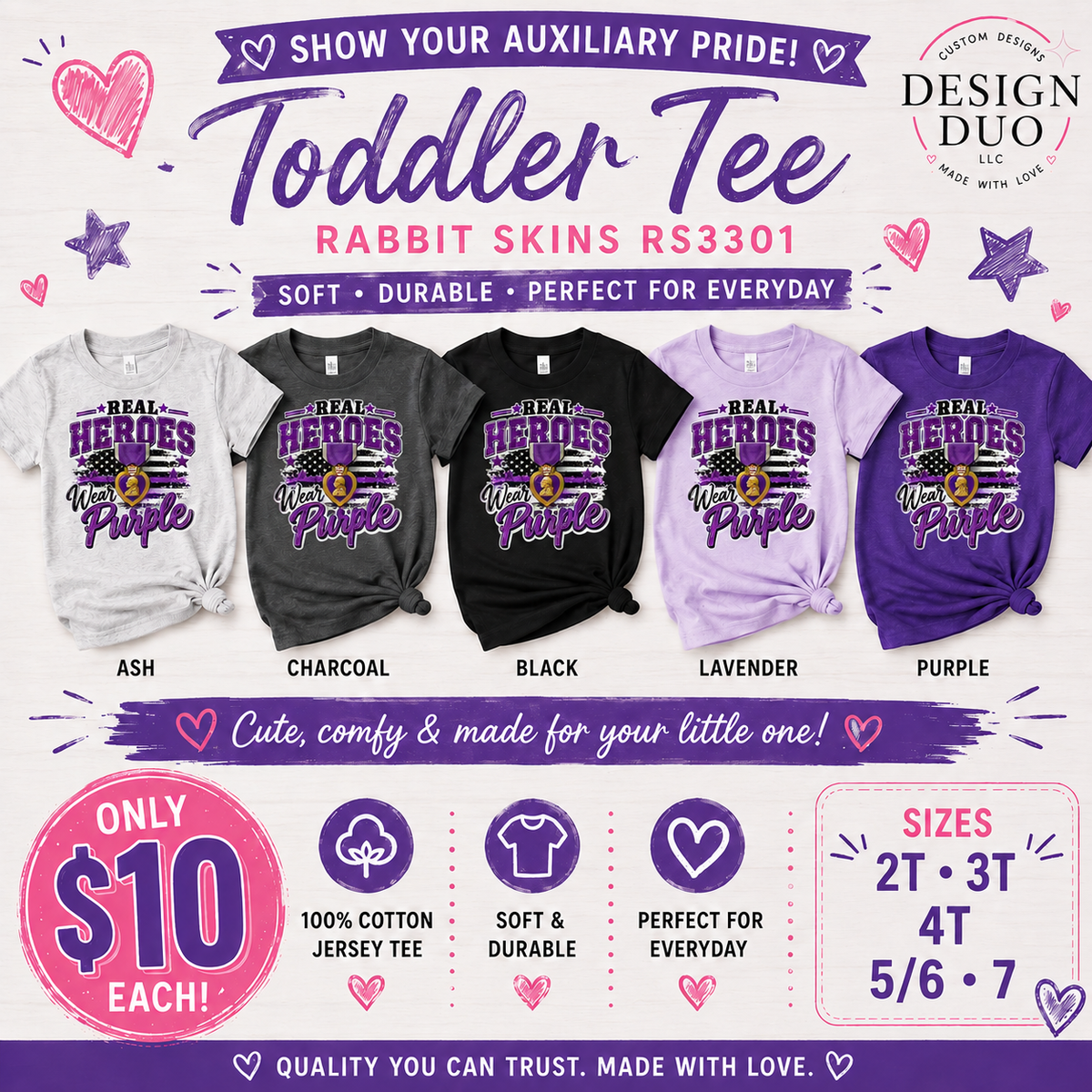 Real Heroes Wear Purple Toddler Tee | Veteran Patriotic Shirt | Rabbit Skins RS3301