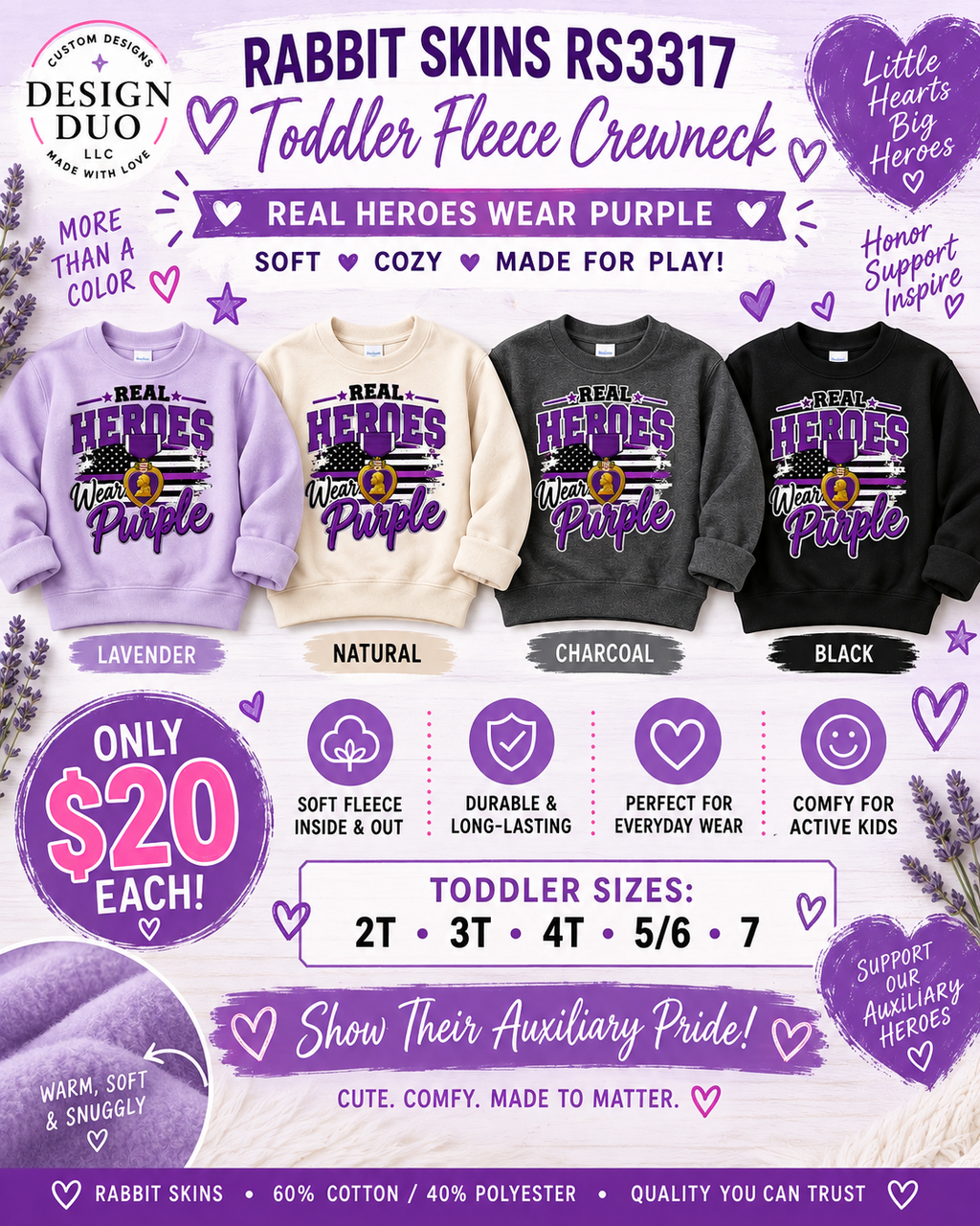 Real Heroes Wear Purple Toddler Crewneck | Military Hero Kids Sweatshirt | Patriotic Toddler Pullover