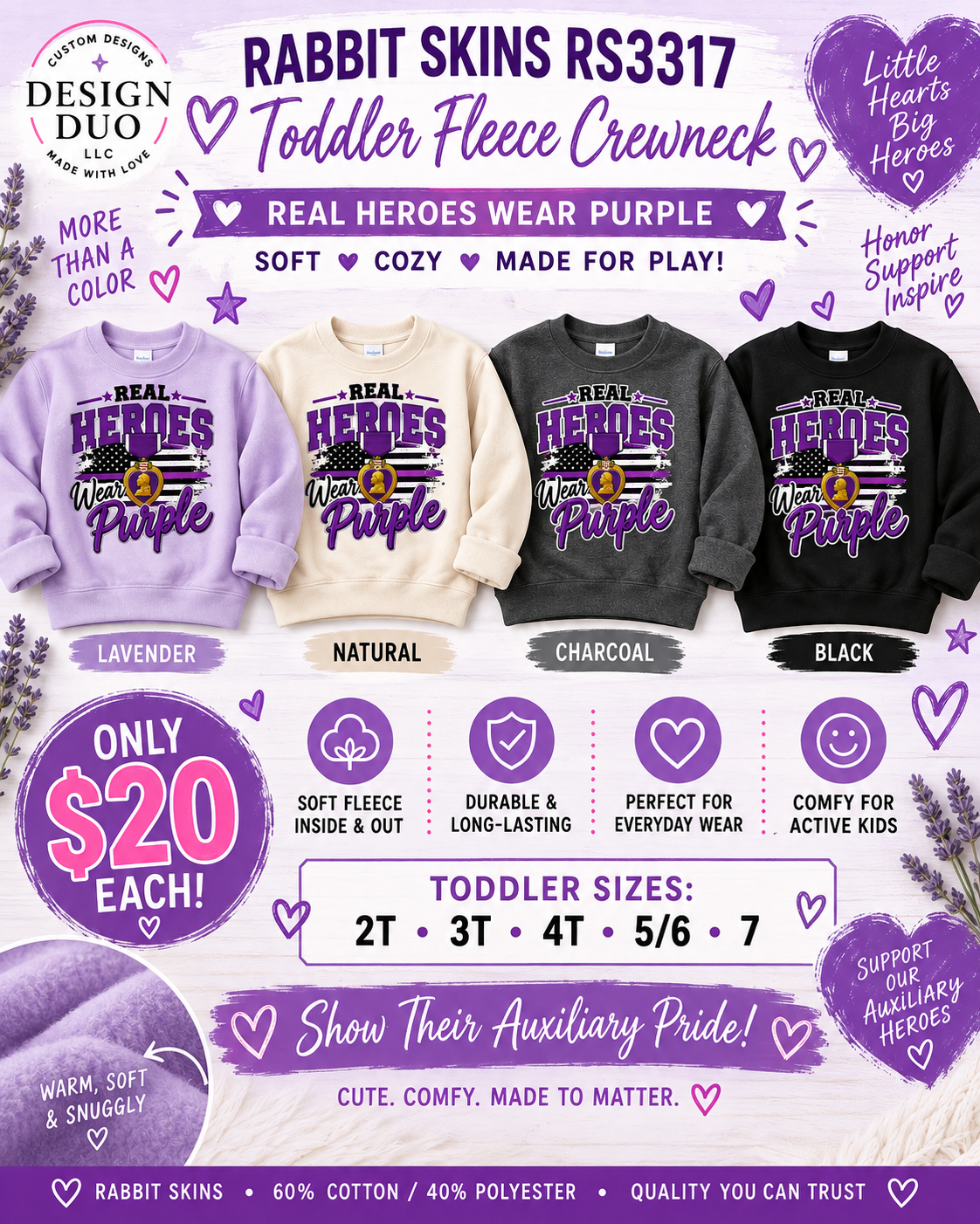 Real Heroes Wear Purple Toddler Crewneck | Military Hero Kids Sweatshirt | Patriotic Toddler Pullover