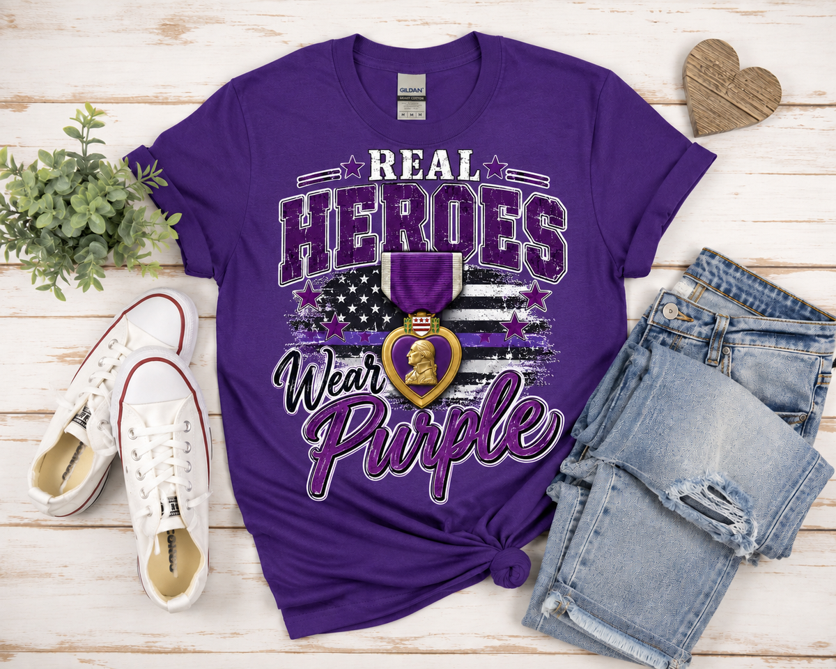 Real Heroes Wear Purple T-Shirt | Veteran Support Tee | Gildan G500 | MOPHA
