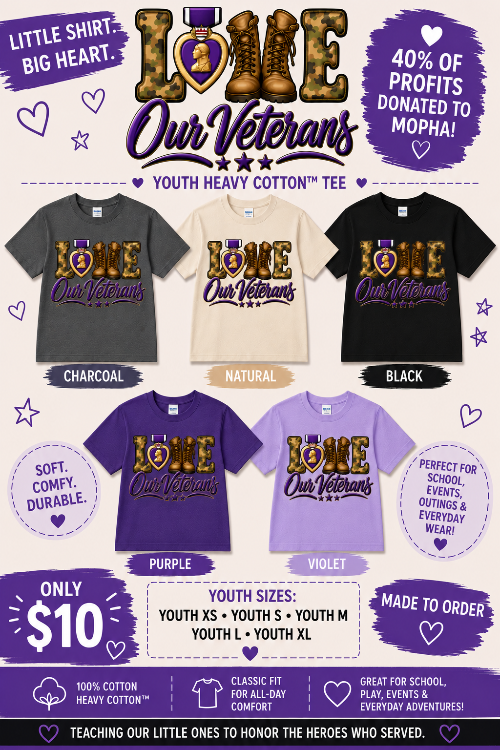💜 Love Our Veterans Youth T-Shirt | Gildan G500B | MOPHA Fundraiser