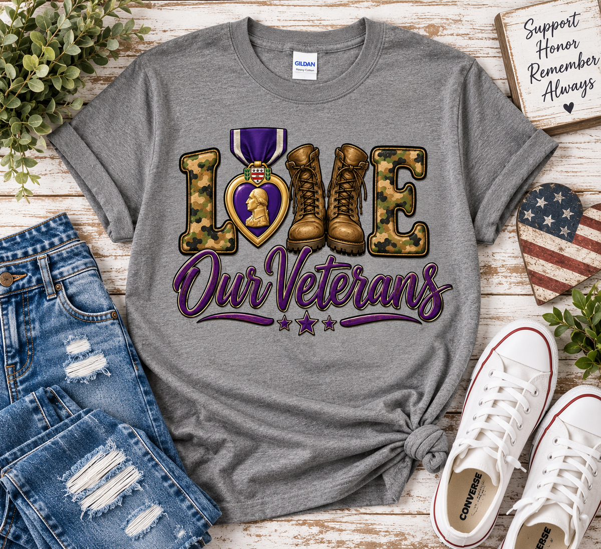 💜 Love Our Veterans Adult Unisex T-Shirt I Veteran Support Shirt