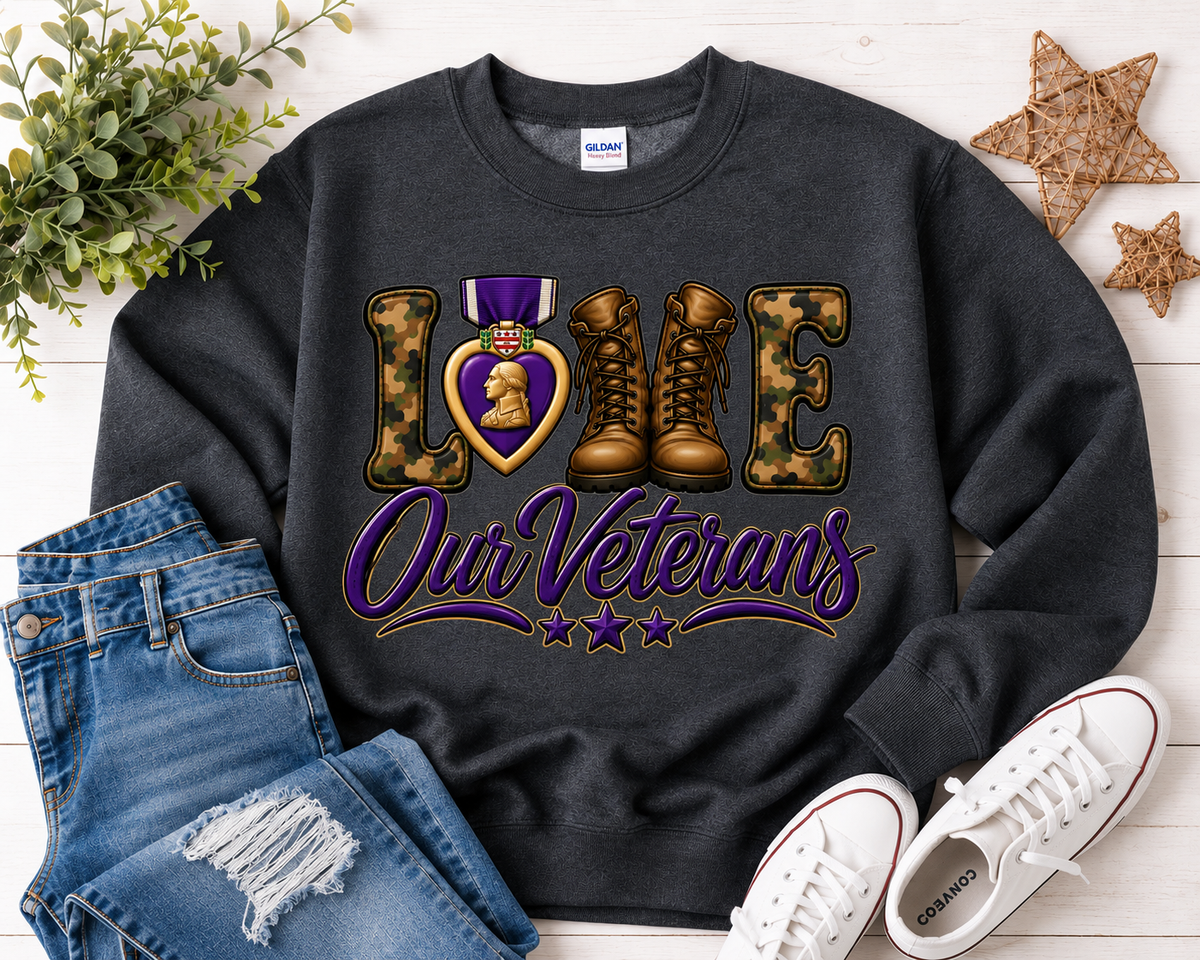 💜 Love Our Veterans Youth Crewneck Sweatshirt | Gildan G180B | MOPHA Fundraiser