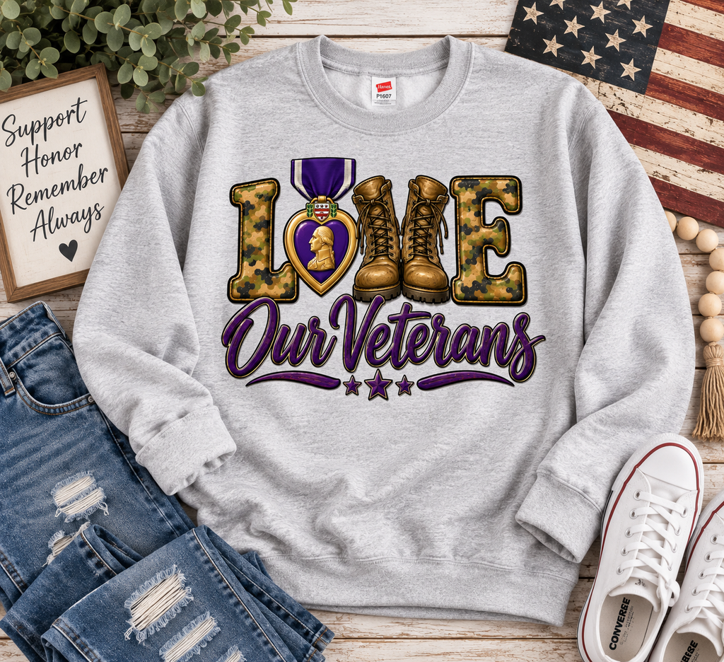 💜 Love Our Veterans Crewneck Sweatshirt | Veteran Support Shirt | MOPHA Fundraiser