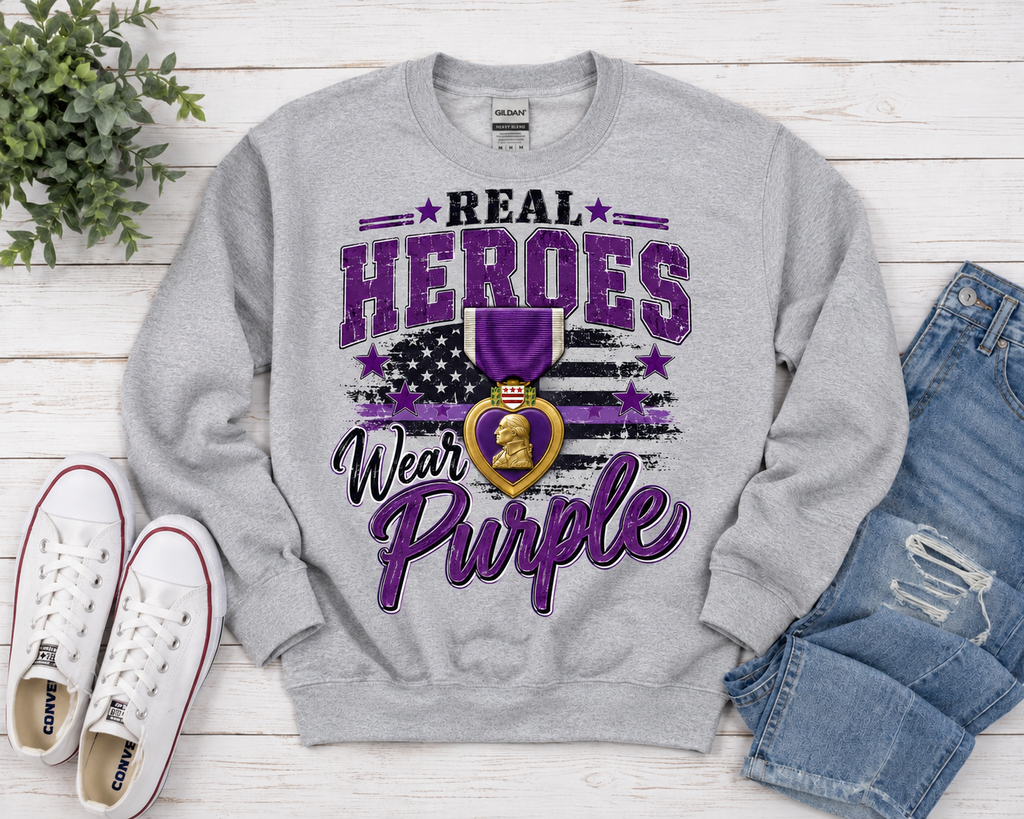 Real Heroes Wear Purple Sweatshirt | Veteran Support Crewneck | MOPHA Shirt | Military Veteran Gift