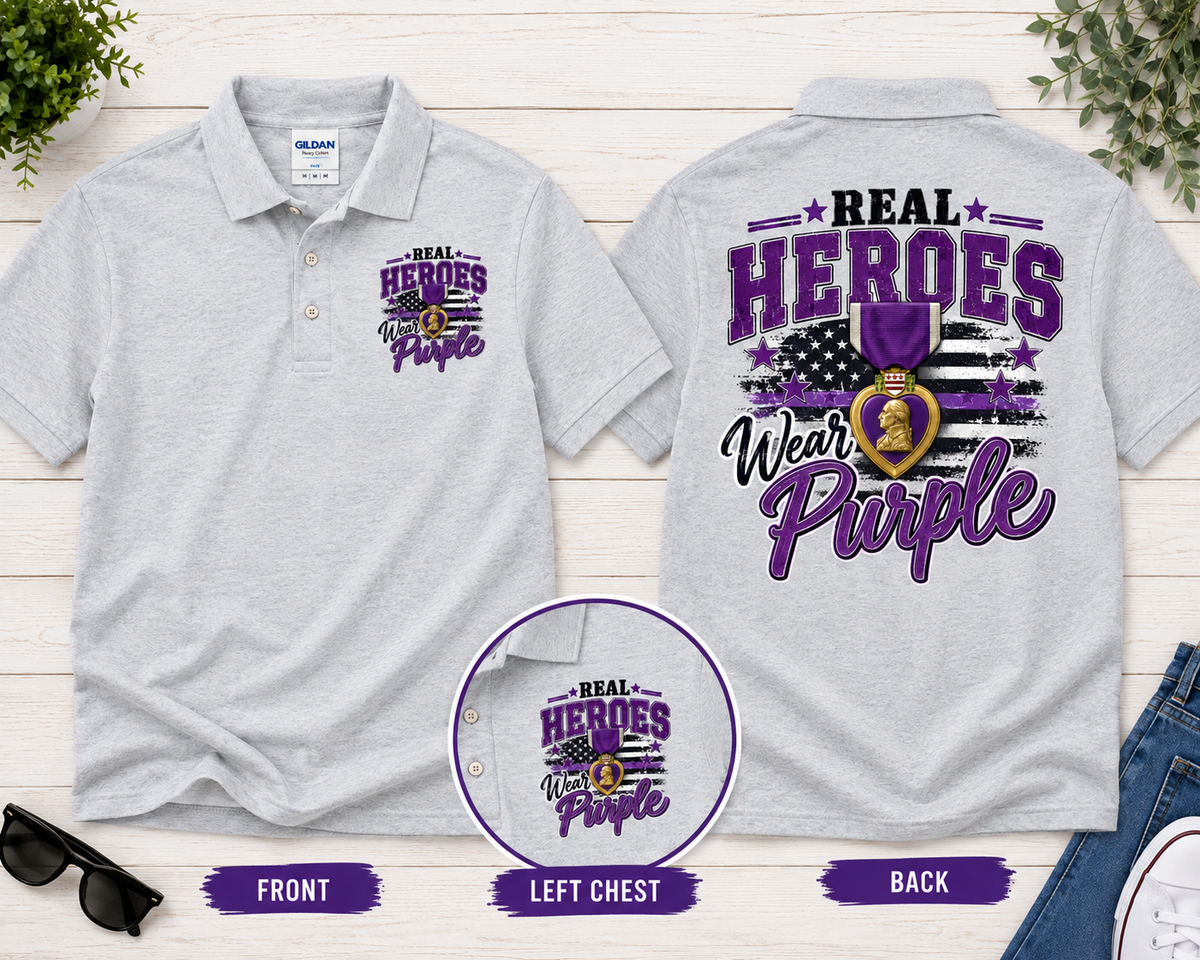 Real Heroes Wear Purple Polo Shirt | Medal Polo | Veteran Support Shirt | Patriotic Gildan G880 Unisex Polo | MOPHA