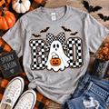 BOO Ghost Halloween Shirt, Checkerboard Ghost Tee, Cute Halloween Shirt, Spooky Season T-Shirt, Women’s Fall Graphic Tee, Gildan G500