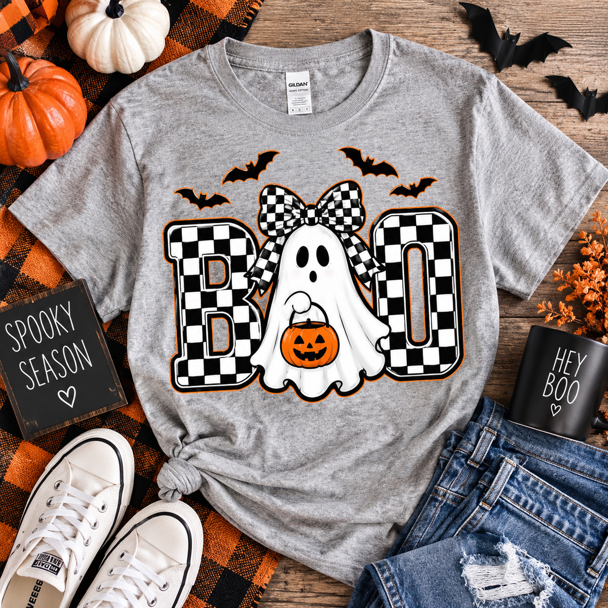 BOO Ghost Halloween Shirt, Checkerboard Ghost Tee, Cute Halloween Shirt, Spooky Season T-Shirt, Women’s Fall Graphic Tee, Gildan G500