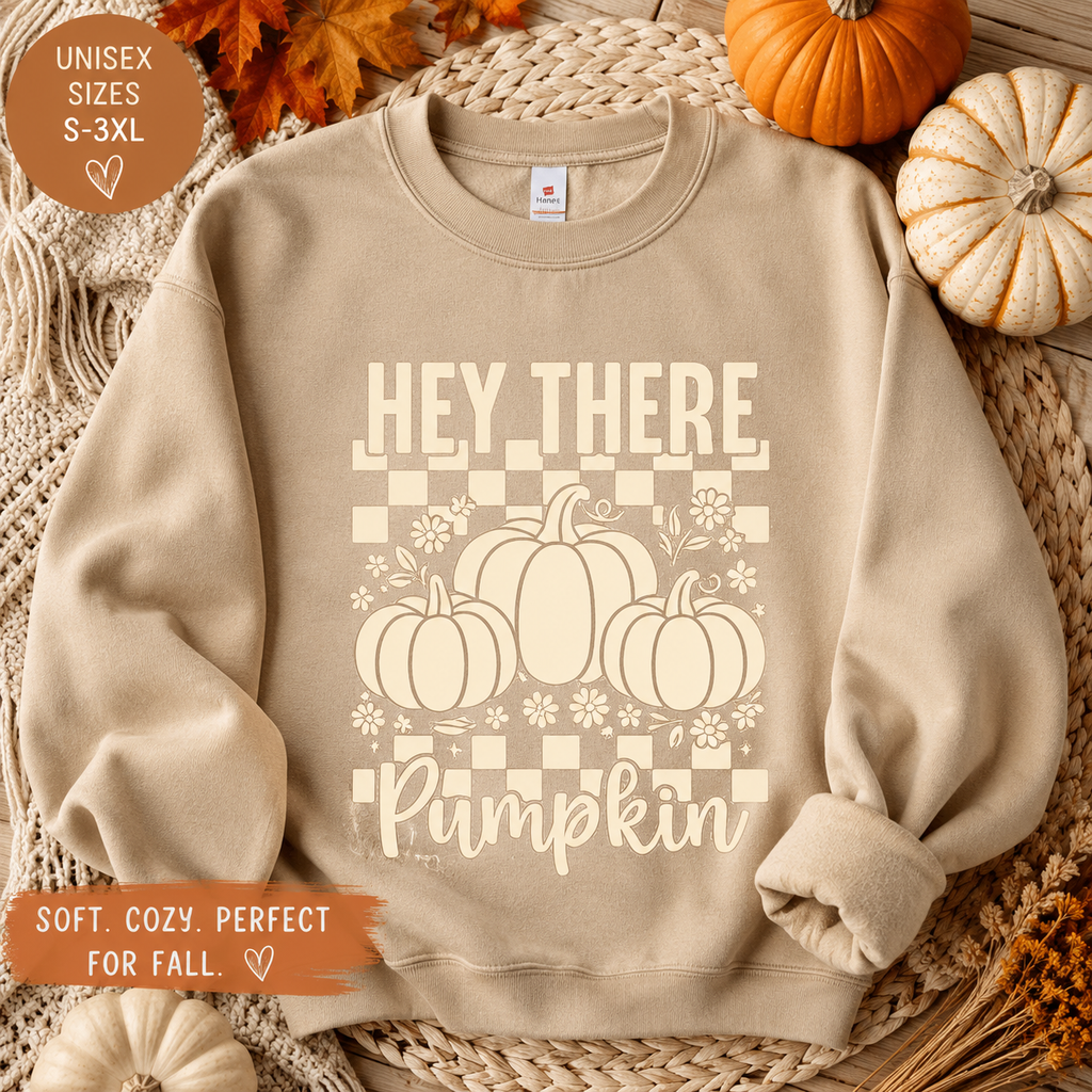 Hey There Pumpkin – Sweatshirt | Cozy Floral Checkerboard Fall Crewneck