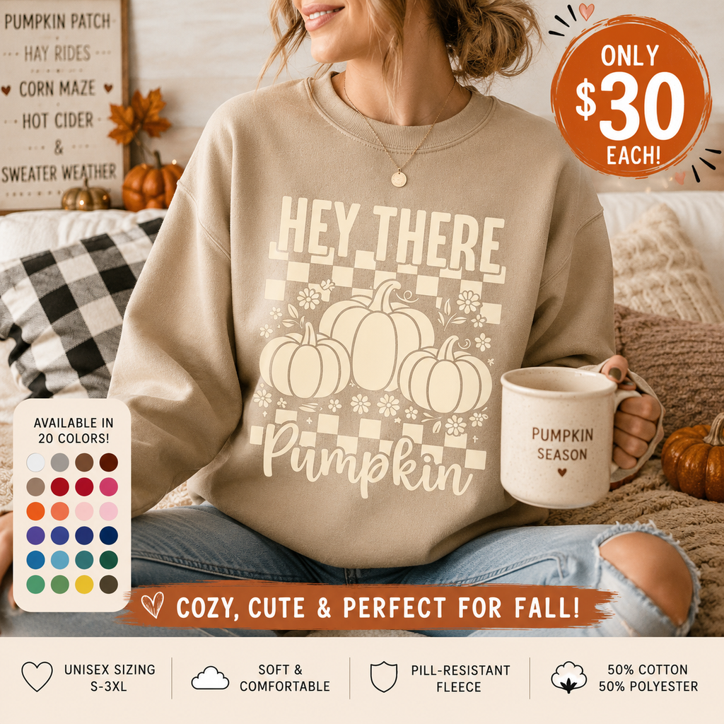 Hey There Pumpkin – Sweatshirt | Cozy Floral Checkerboard Fall Crewneck