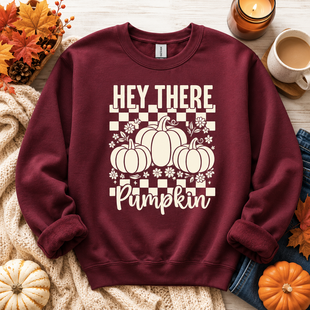 Hey There Pumpkin – Sweatshirt | Cozy Floral Checkerboard Fall Crewneck