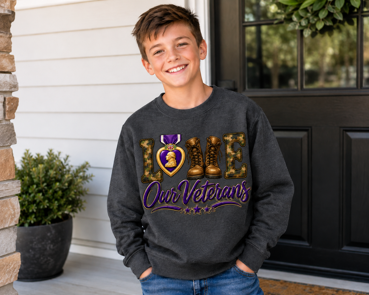 💜 Love Our Veterans Youth Crewneck Sweatshirt | Gildan G180B | MOPHA Fundraiser