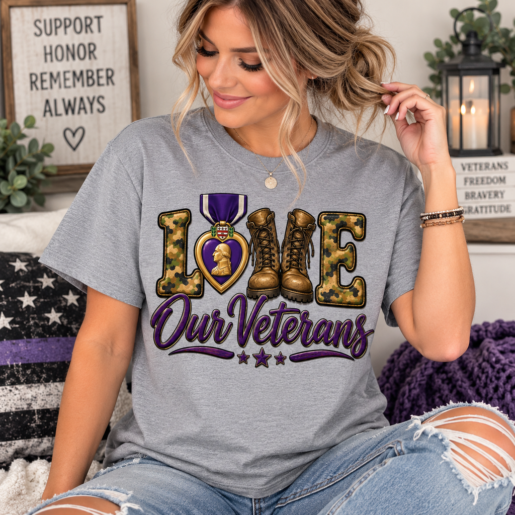 💜 Love Our Veterans Adult Unisex T-Shirt I Veteran Support Shirt