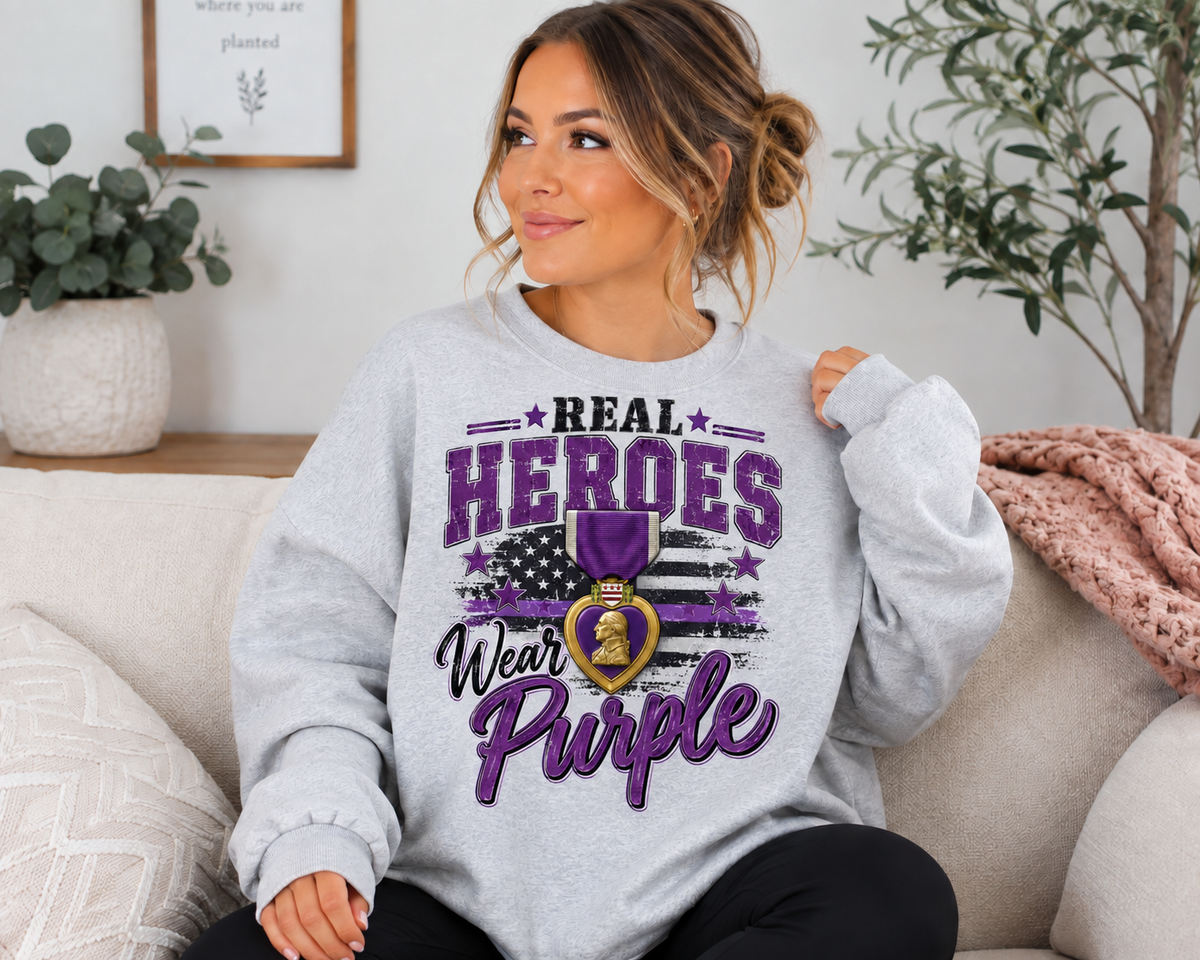 Real Heroes Wear Purple Sweatshirt | Veteran Support Crewneck | MOPHA Shirt | Military Veteran Gift