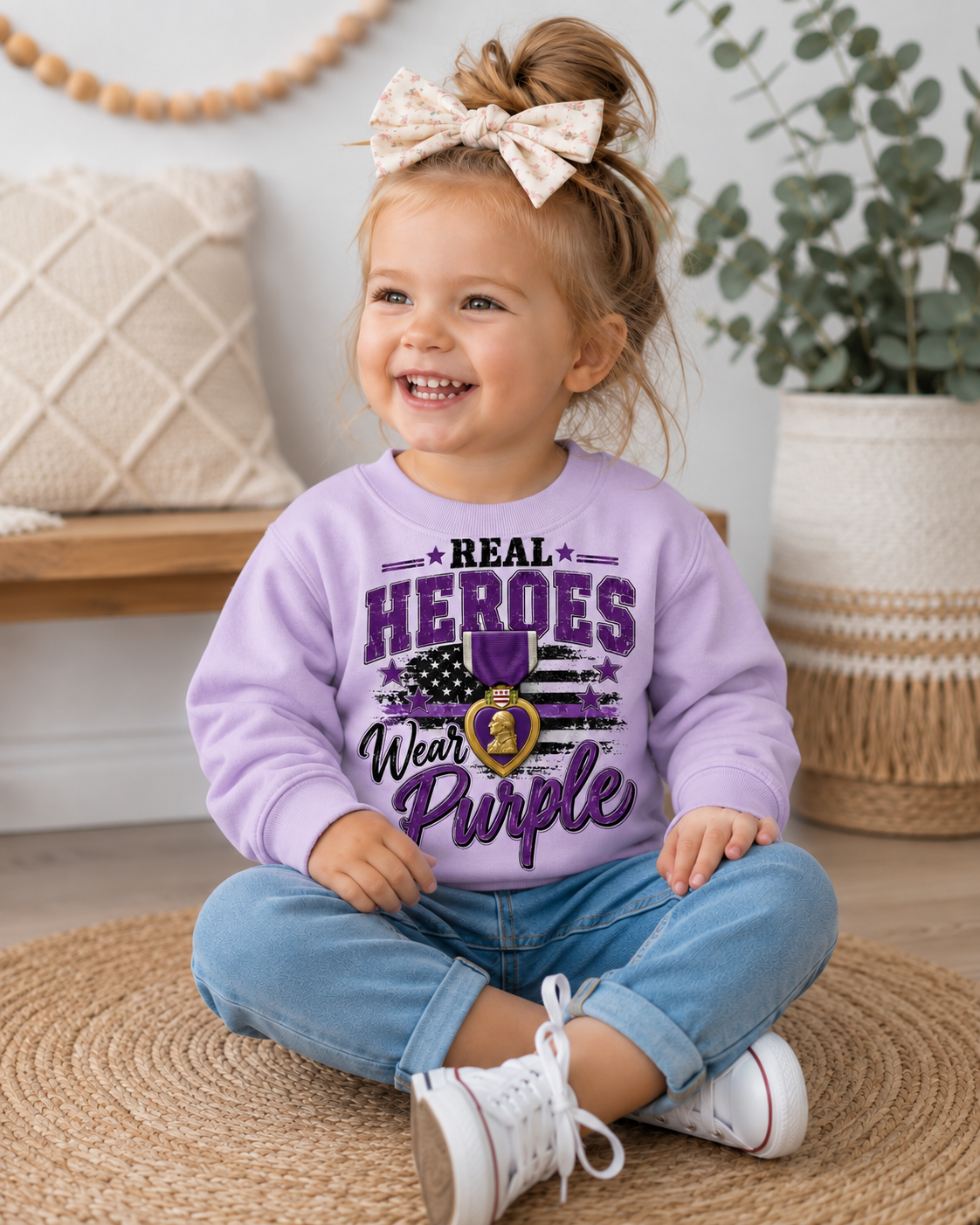 Real Heroes Wear Purple Toddler Crewneck | Military Hero Kids Sweatshirt | Patriotic Toddler Pullover