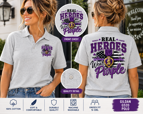 Real Heroes Wear Purple Polo Shirt | Medal Polo | Veteran Support Shirt | Patriotic Gildan G880 Unisex Polo | MOPHA