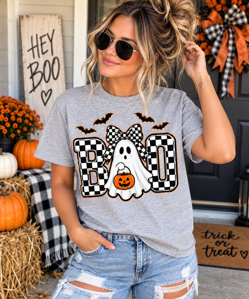 BOO Ghost Halloween Shirt, Checkerboard Ghost Tee, Cute Halloween Shirt, Spooky Season T-Shirt, Women’s Fall Graphic Tee, Gildan G500