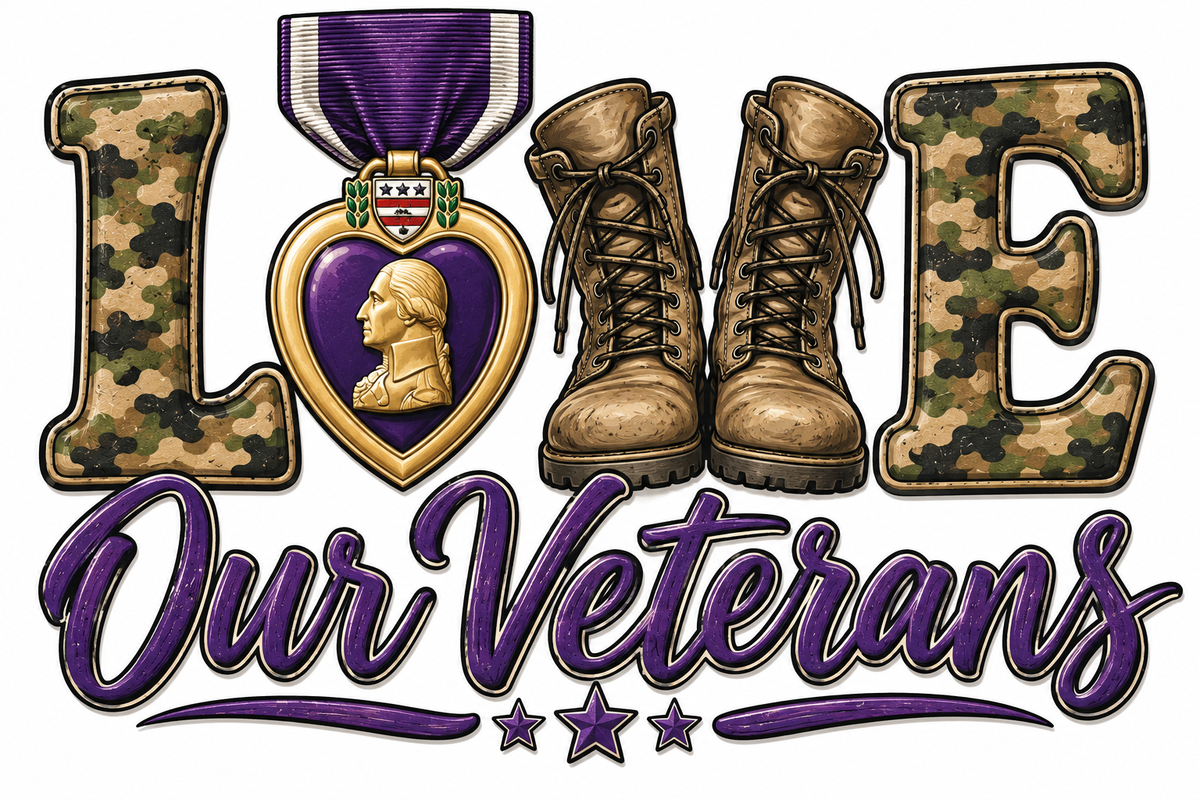 💜 Love Our Veterans Adult Unisex T-Shirt I Veteran Support Shirt